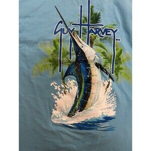 Guy Harvey Palm Tree Splash Men’s Back Print T Shirt With Pocket Aqua Size Med